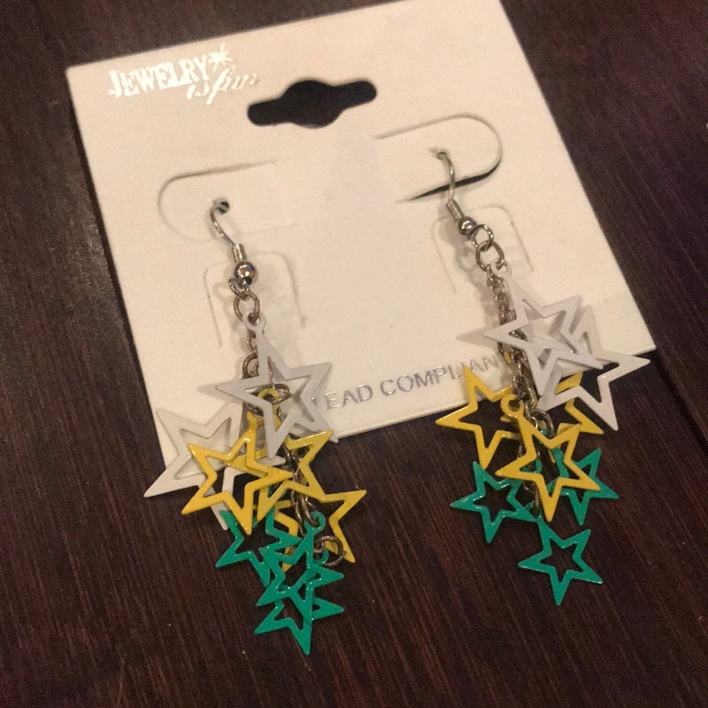 White Yellow/Gold & Green Star Earrings
